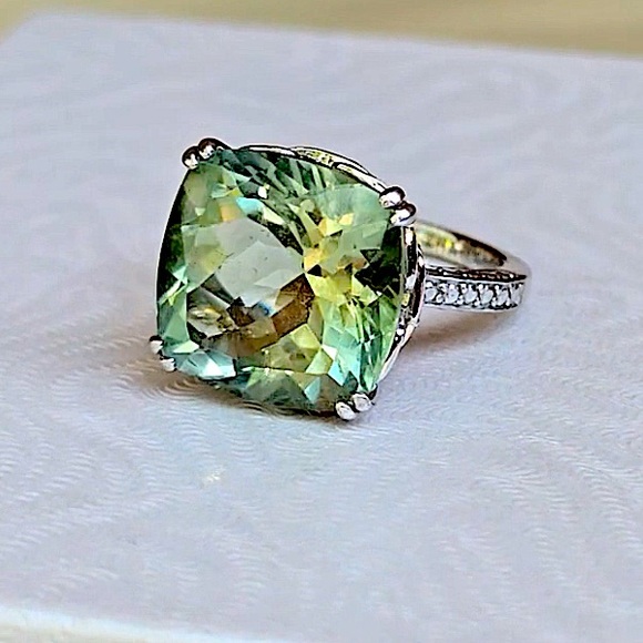 Vintage Green Amethyst Round Cut and White Quartz Sterling Silver Ring 6 - Picture 12 of 16